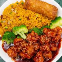Sesame Chicken (Combo) · Each plate served with pork egg roll and pork fried rice or white rice.
