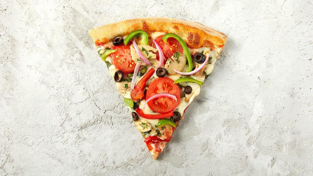 Ny Veggie Slice · XL NY Slice made with fresh, hand-stretched dough, topped with San Marzano-style tomato sauce, 100% whole milk Mozzarella cheese, spinach, tomatoes, mushrooms, green and red peppers, and black olives.