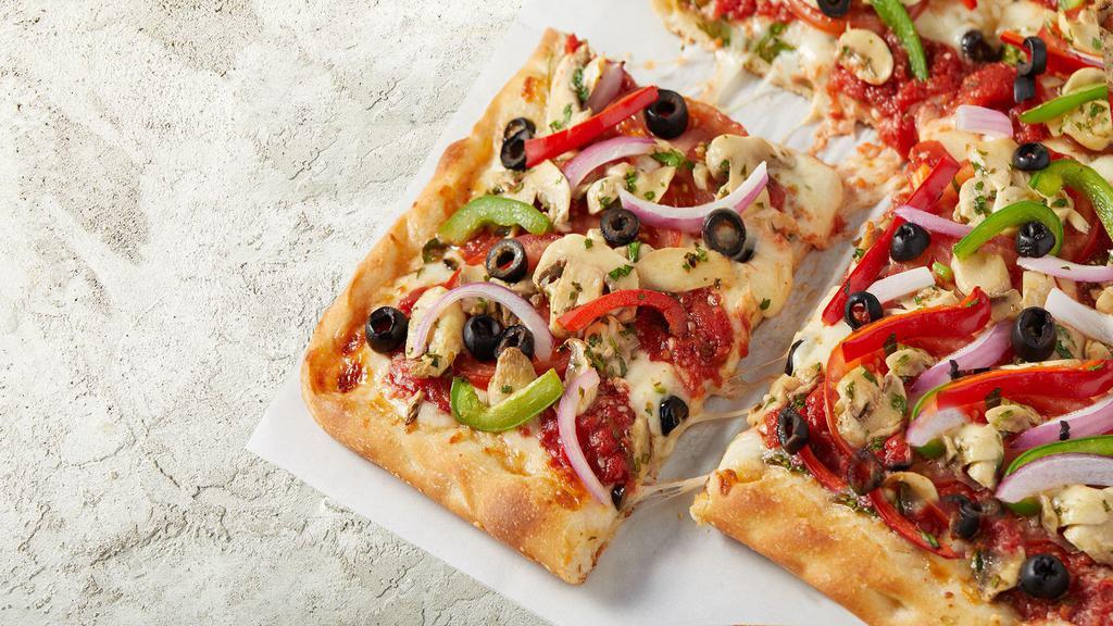 Roman Veggie Slice · Thick, Sicilian-style crust slice, hand-crushed Roman sauce, freshly shredded 100% whole milk Mozzarella, peppers, onions, mushrooms, black olives and bell peppers.