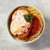 Chicken Parm · Spaghetti topped with Chicken Parmigiana, melted cheese and tangy tomato sauce.