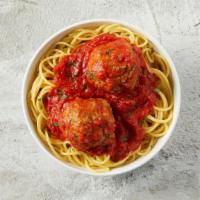 Spaghetti With Meatballs · Spaghetti topped with tangy tomato sauce paired with our seasoned Italian meatballs.