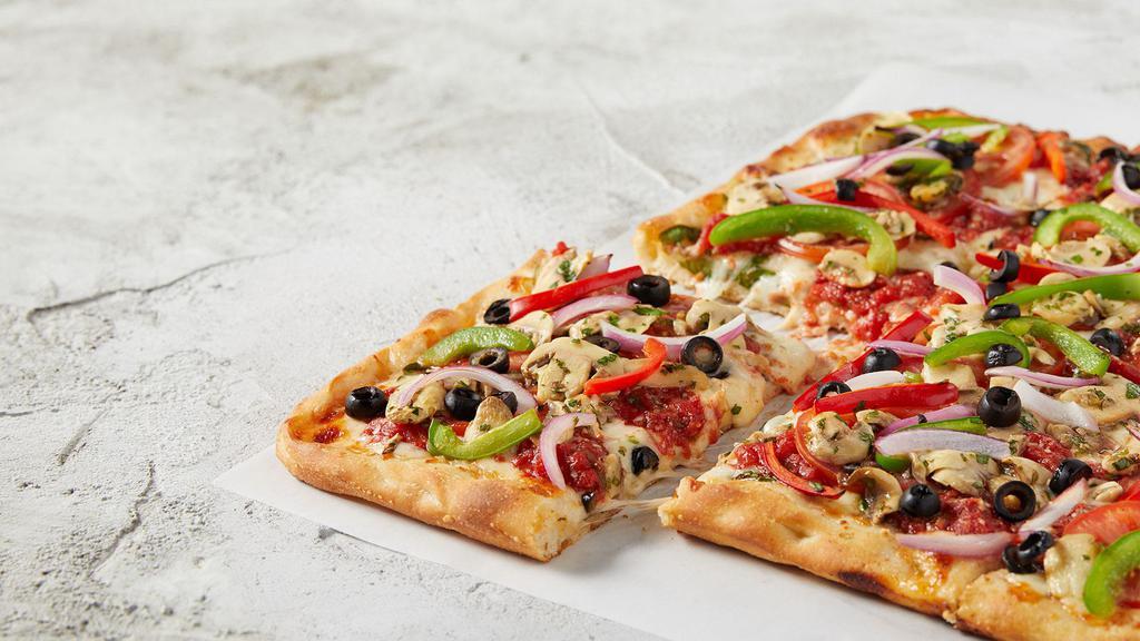 Veggie · Thick, Sicilian-style crust, hand-crushed Roman sauce and  freshly shredded 100% whole milk Mozzarella. Topped with peppers, onions, mushrooms, black olives and bell peppers.