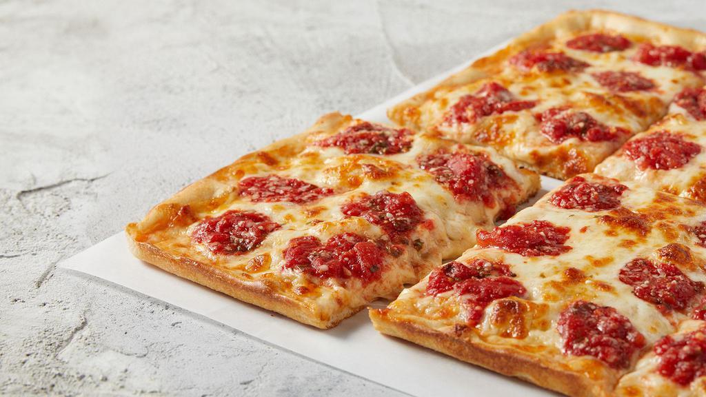 Cheese · Thick, Sicilian-style crust, hand-crushed Roman sauce and  freshly shredded 100% whole milk Mozzarella.