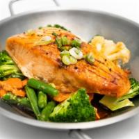 Teriyaki Salmon · Recommends. Seared salmon and sautéed broccoli, carrot and strings bean with teriyaki sauce.