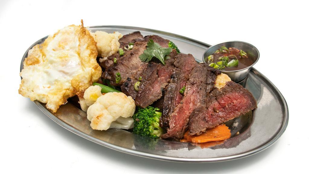 Skirt Steak & Eggs · Recommends. 8 oz. grilled skirt steak churrasco. 2 pieces Sunny eggs and sauteed mixed veggies. Served with special sauce on the side. Most popular.