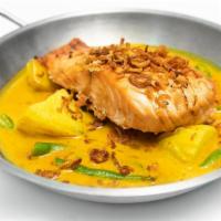 Atlantic Salmon · Recommends. Mild. Gluten free. Seared salmon, lime leaf, string beans, carrot, potato and fr...
