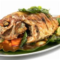 3-Flavor Whole Fish · Spicy. Recommends. Fried whole fish (1-1 .5 lbs), sautéed onion, bell pepper and basil with ...