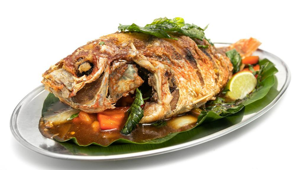 3-Flavor Whole Fish · Spicy. Recommends. Fried whole fish (1-1 .5 lbs), sautéed onion, bell pepper and basil with Tamarind sweet chili sauce.