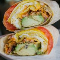 Breakfast Burrito · Egg, cheese, sriracha mayo, tomatoes, avocado, red onion and sprouts wrapped in your choice ...