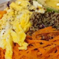 Breakfast Bowl · Quinoa, greens, corn, feta cheese, red cabbage, carrots, avocado, olive oil and tahini dress...