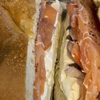 The Lox Bagel · Smoked salmon, cream cheese, tomatoes, red onions and capers.