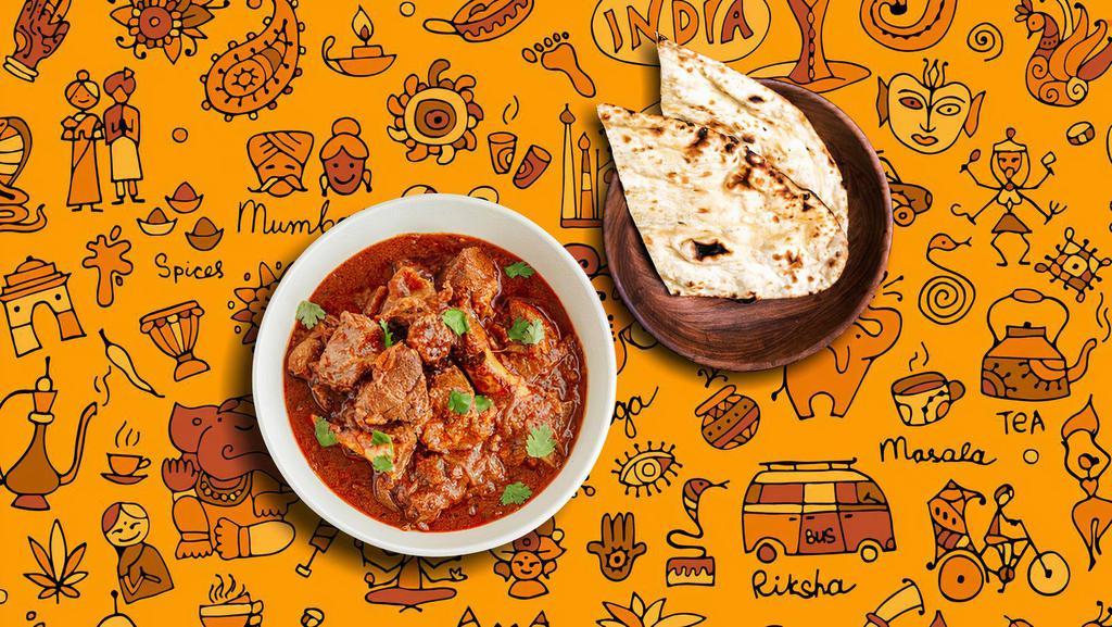 Railway Lamb Curry & Roti Tandoori · Classic brown curry cooked to perfection with tomatoes, yogurt, saffron, whole spices and succulent chunks of lamb, served with a side of our aromatic basmati rice comes with a side of whole wheat flat bread baked to perfection in an Indian clay oven