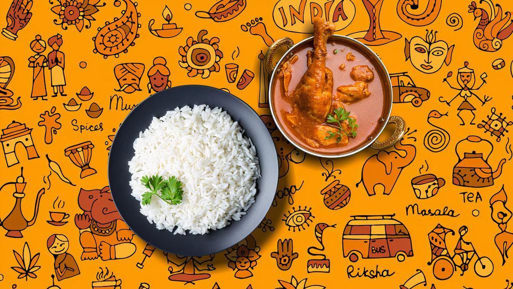 Railway Chicken Curry & Aromatic Basmati Rice · Tender morsels of chicken cooked in a classic brown curry with Indian whole spices, served with a side of our aromatic basmati rice. Comes with our long grain aromatic basmati rice, steamed to perfection