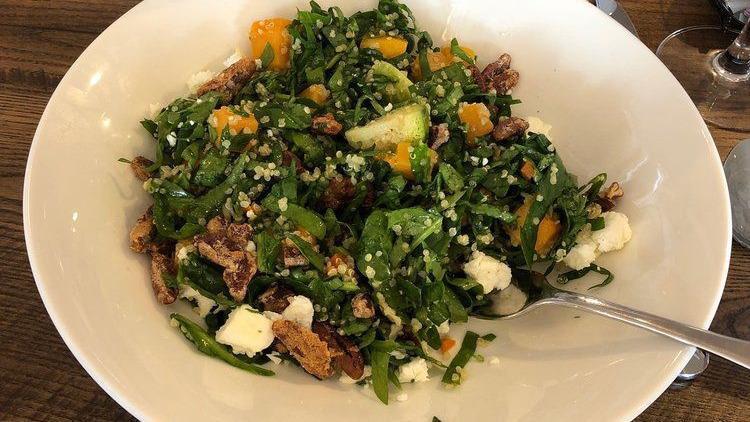 Quinoa Salad Bowl · Brussels sprouts, toasted pecans, baby spinach, butternut squash, roasted heirloom tomatoes, extra virgin olive oil and feta cheese.