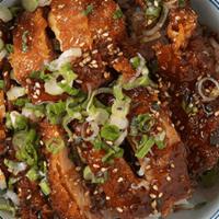 Chicken Teriyaki Bowl · House-made sweet mirin glaze on our big chicken katsu, served with your choice of steamed ri...
