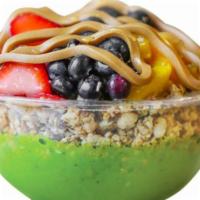 Hulk Kale Bowl · Vanilla whey protein, kale, banana, pineapple, and sweetened almond milk. Topped granola, ma...