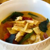 Red Curry/Lunch · Red curry paste, coconut milk, bamboo shoot, bell pepper, carrot, string bean and fresh basil.