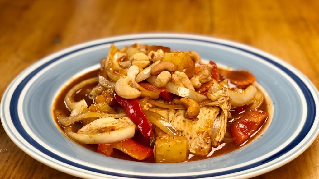 Cashew Nuts Sautéed/Lunch · Sautéed with cashew nuts, onion, bell pepper, carrot, and pineapple flavored with a variety of sauces.