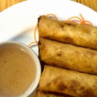 Spring Roll (4 Rolls) · Deep-fried rolls stuffed with glass noodles, cabbage, and carrot wrapped in wheat paper serv...