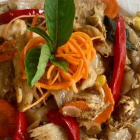 Drunken Noodle · Stir-fried flat rice noodle with egg, basil, fresh chili, onion, bell pepper, and carrot fla...