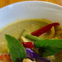 Green Curry · Green curry paste, coconut milk, eggplant, bamboo shoot, bell pepper, carrot, string bean, a...