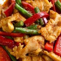 Prik King · Sautéed with thai curry paste, bell pepper, and string bean flavored with a variety of sauces.