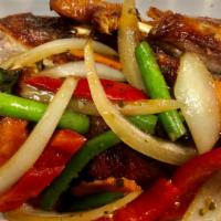 Duck Kra Pow (Basil) · Sautéed with fresh basil leaves, onion, bell pepper, carrot, string bean, and chili flavored...
