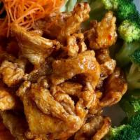 Volcano Chicken · Deep fried chicken with sweet chili sauce served with steamed carrot and American broccoli s...