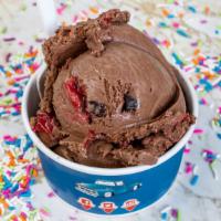 Chocolate Raspberry Truffle (Cup) · chocolate ice cream base, dark chocolate raspberry mini-truffles with a raspberry sauce ripp...
