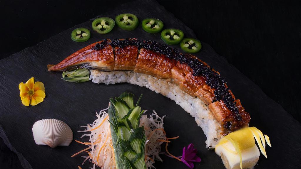 Addiction Roll · Crab meat, Avocado, Cucumber Inside, Eel on Top.