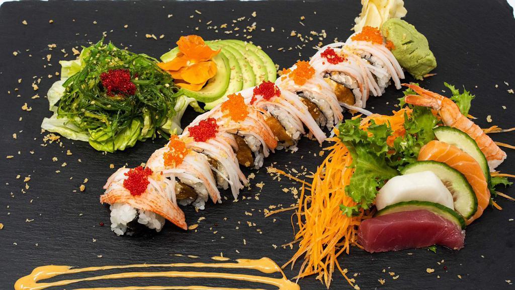 Choice D · Salmon Sashimi, Tuna Sashimi, Shrimp Sashimi, White Tuna Sashimi, Tate Roll, Choice of Cani or Seaweed Salad.