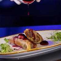 Duck Confit Spring Rolls · Dried Fruit, Apple, Charred Grape-Red Wine Sauce