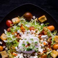 Frisee Salad · Apple Smoked Pork Belly Lardons, Croutons, Feta Cheese & Lyonnaise Dressing