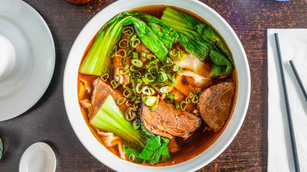 Spicy Beef Noodle Soup / 紅燒牛肉麵 · Spicy noodle soup with tender braised beef shank (Szechuan style).