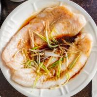 Steamed Flounder Fillet / 清蒸龍利魚片 · Steamed flounder fillet with soy sauce, ginger, and scallion.