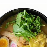 Wontonmen · Shoyu based ramen with homemade pork wontons, marinated egg, arugula, bamboo, garlic chips, ...