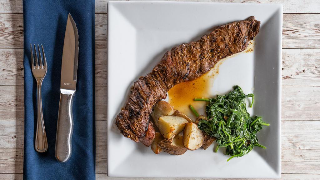C.H. Marinated Skirt Steak · Roasted potatoes and spinach. cooked to med temp