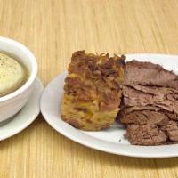 Dinner Platter · Start with a bowl of our matzo ball soup, then feast on this platter of hand sliced brisket ...