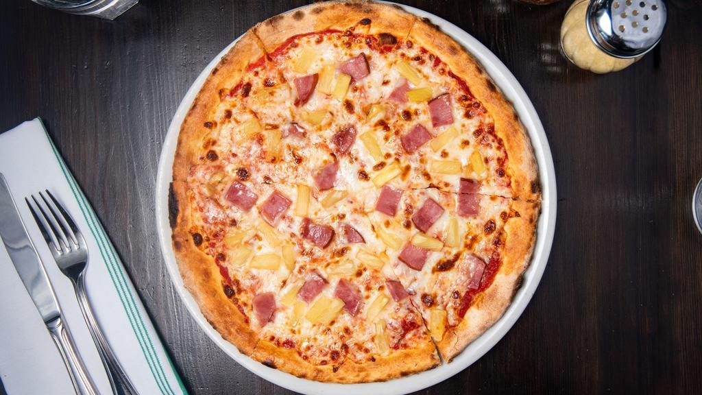 Strange Love (Hawaiian) · Our famous house made dough topped with red sauce, ham, pineapples, and our house cheese blend.