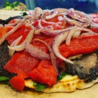 Portobello Panini · Portobello mushroom, sun dry tomato, spinach, roasted peppers, onions, muenster cheese.