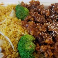 Sesame Beef Lunch · Hot and spicy.