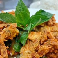 Soft-Shell Crabs Basil · Crispy soft-shell crab sautéed with onion, pepper and basil in chili sauce serve with jasmin...