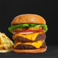 Double Takeout Burger · Two American beef patties topped with melted cheese, lettuce, tomato, onion, and pickles. Se...