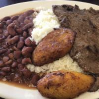 Grilled Steak · With rice and beans.