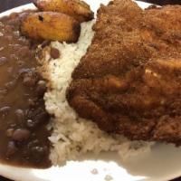 Breaded Chicken Breast · With rice and beans.