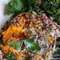 Sweet Potato Head Salad · Vegan, gluten free. Raw organic kale, roasted sweet potato, quinoa, carrots, pickled red oni...