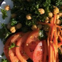 Hail Kale Salad · Vegan, gluten free. Chickpea, shallots, carrots, tomatoes, nutritional yeast and soy lemon d...