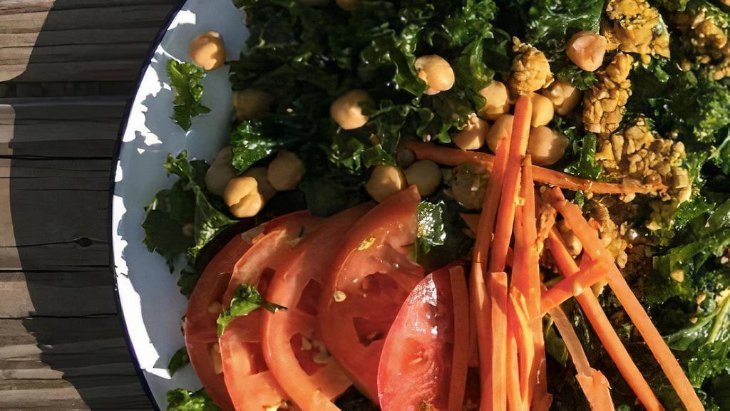 Hail Kale Salad · Vegan, gluten free. Chickpea, shallots, carrots, tomatoes, nutritional yeast and soy lemon dressing.