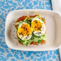 Egg & Tomato Pesto Toast · Arugula, green goddess dressing, homemade sun-dried tomato paste, soft boiled egg and black ...