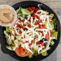 House Salad · Romaine lettuce, tomato, cucumber, black and green olives, roasted peppers, and mozzarella.